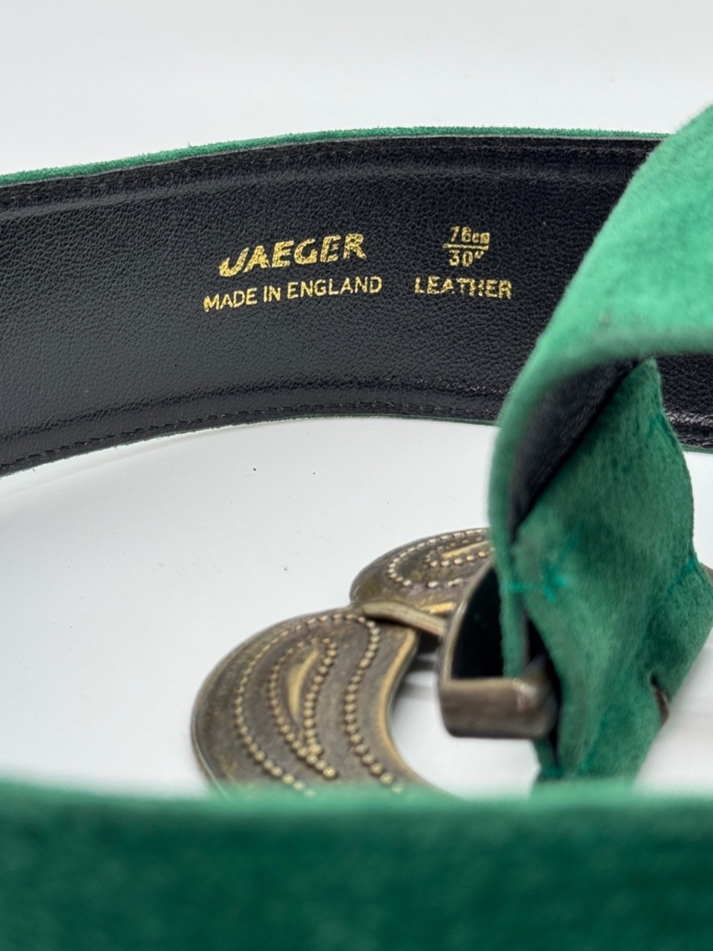 Jaeger Green Suede/leather Belt with Ornate Antique Brass Buckle - Picture 2 of 4
